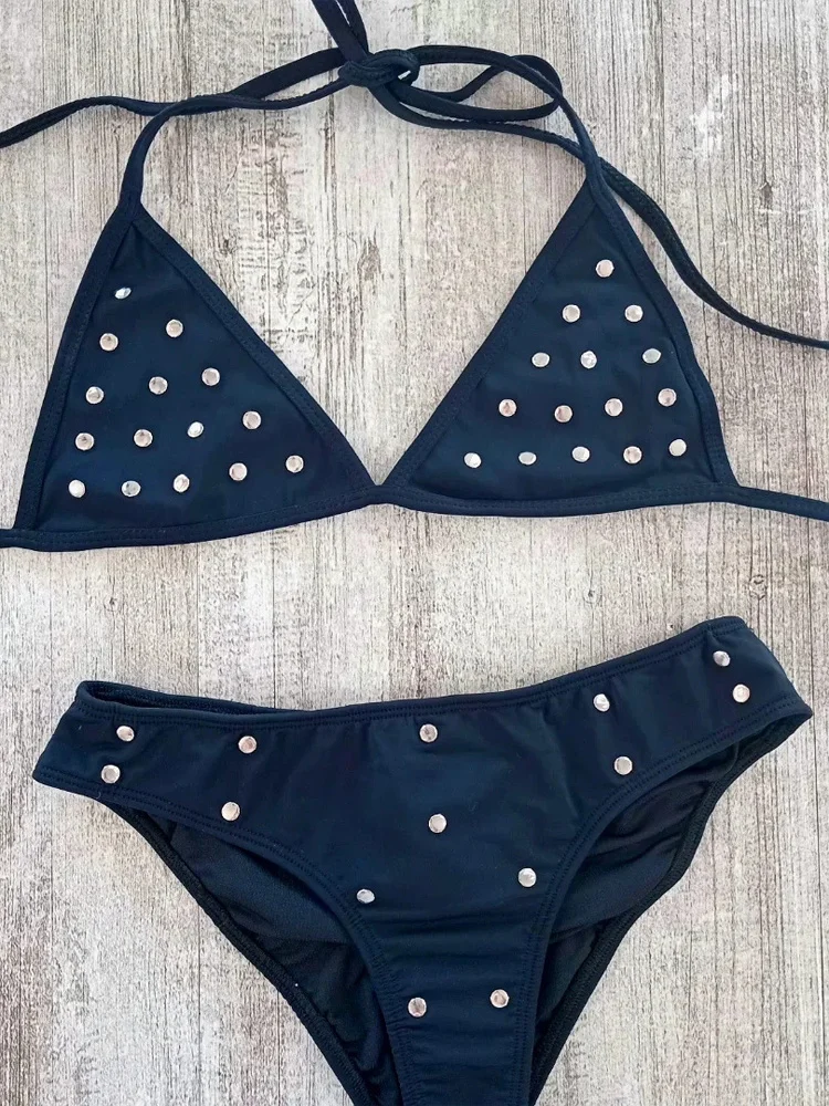 

Black Bikini Set Women's Neck Hanging Set Cross border Metal Decoration Y2K Beach Bikini Punk Style Swimsuit Beach Wear