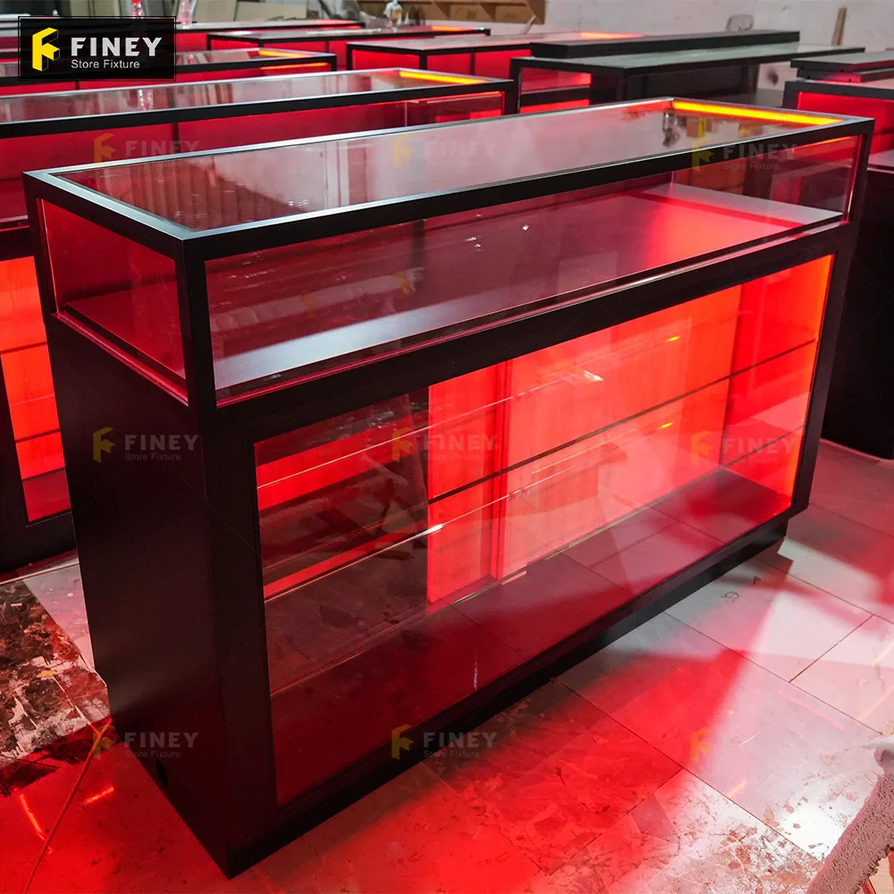 

Custom Wholesale RC Led Tobacco Store Display Cases Cigar Glass Shelves Counter Wooden Trendy Smoke Shop Glass Display Showcase