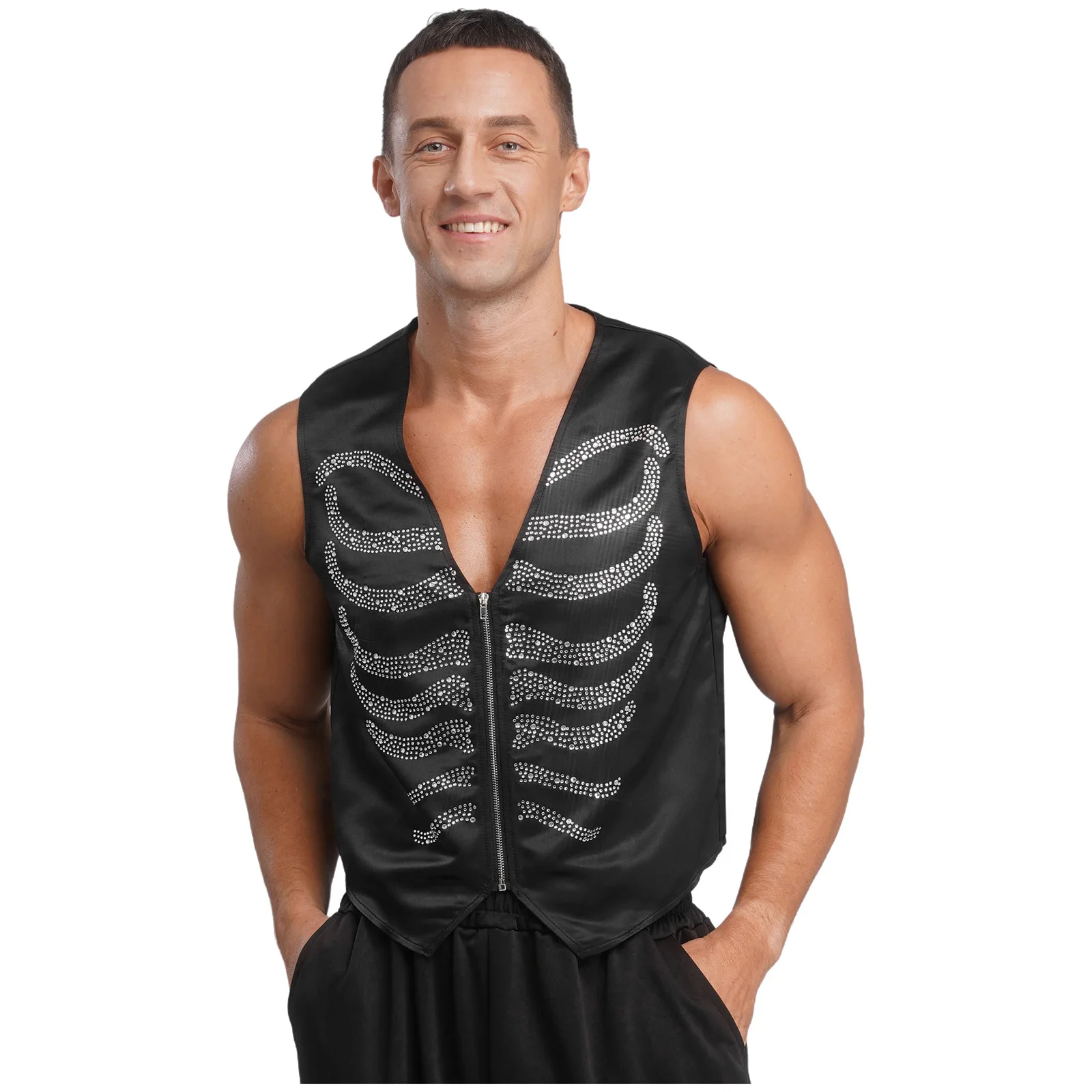 

Men Sleeveless V Neckline Skeleton Shaped Rhinestones Vest Zipper Front Waistcoat for Holiday Festival Carnival Party Halloween