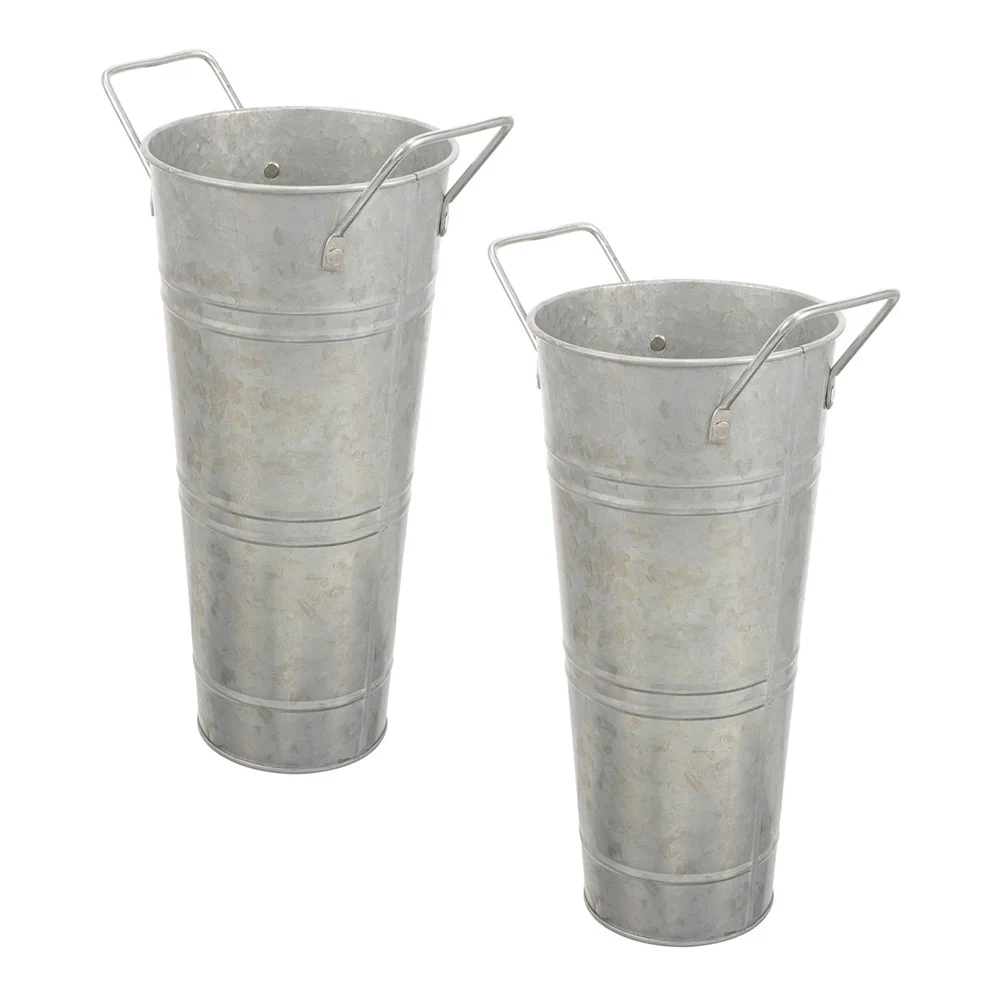 

2Pcs Vintage Metal Flower Pot with Handle - Rustic Galvanized Iron Decorative Vase for Home Wedding Centerpiece Farmhouse Floral
