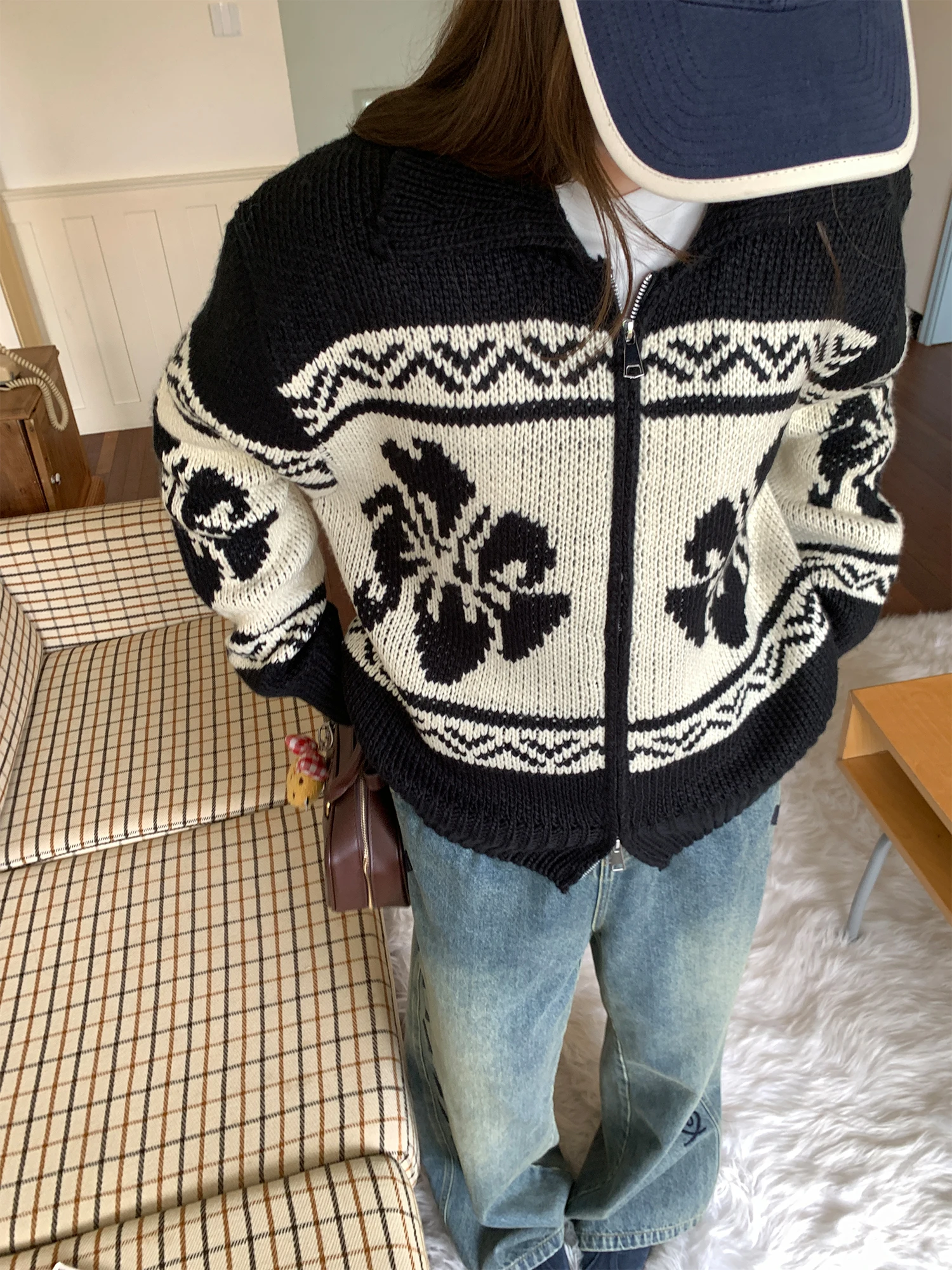 

Женский вязаный свитер NAZ большого размера с молнией и цветочным узором, свободного кроя, для повседневной носки, зимний