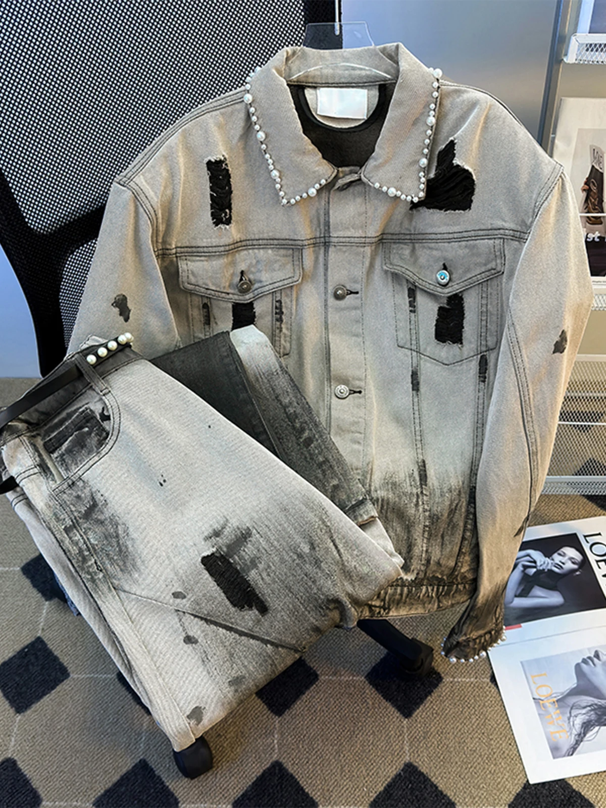 

Deconstructed Denim Jacket And Pants Set for Men And Women Tie Dye Pleated Pearl Belted Knife Jeans Two Piece Set