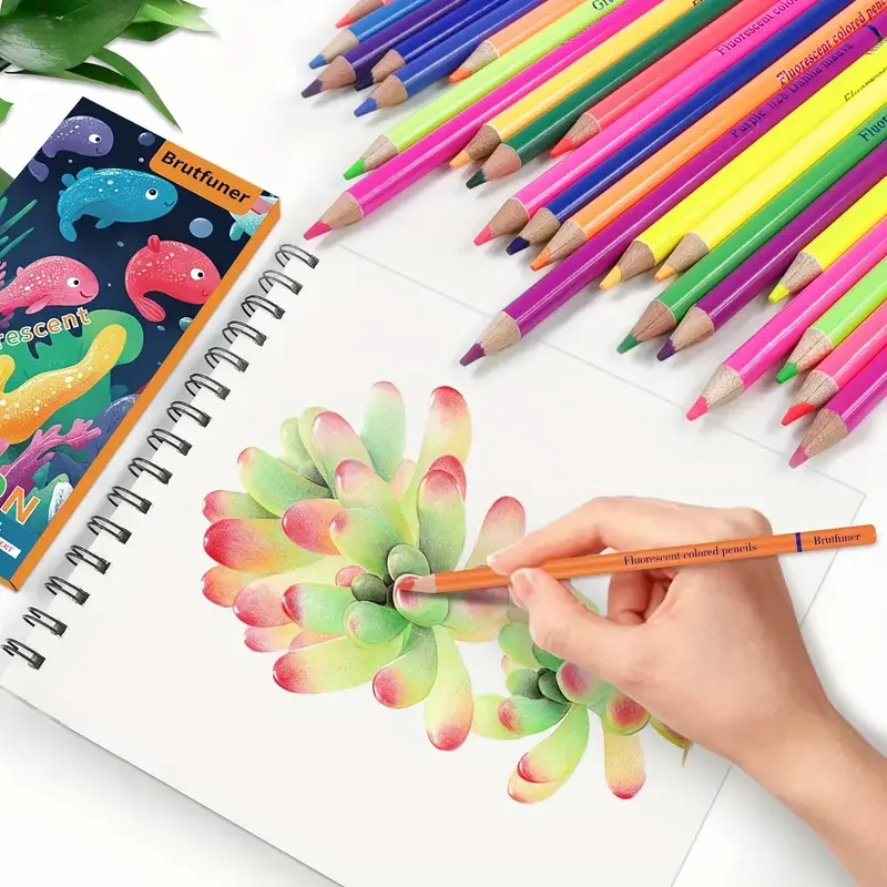 Brutfuner 24 fluorescent oil-based colored pencils, fluorescent colored pencils, Artists Soft Core with Vibrant Color, sketching