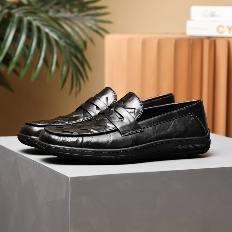 

Fashion Woven Design Black Loafers Genuine Leather Casual Shoes Mens Outdoor Shoes