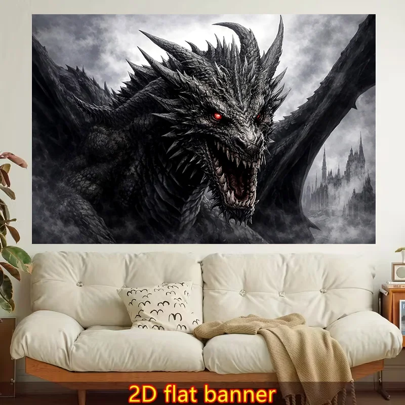 A Single Piece of Trendy 2D Flat Wall Tapestry Featuring a Fierce Dragon with Red Eyes And a Dark Castle. It Boasts Vibrant Aesthetics, Making It Ideal for Decorating Living Rooms