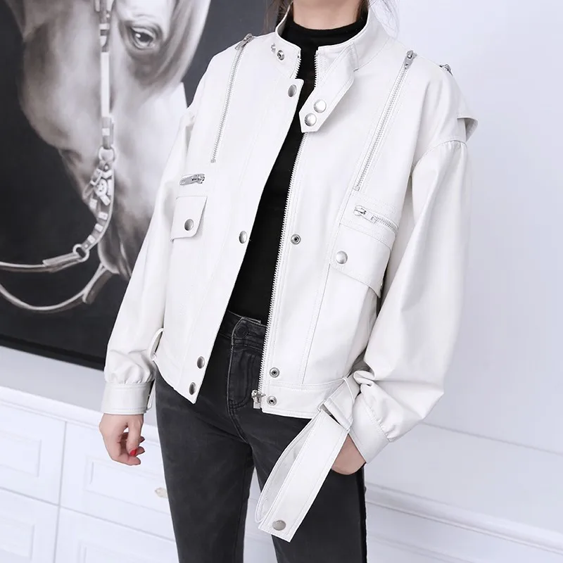 2023 Autumn New Women Zippers Short Sheepskin Genuine Leather Jacket Casual Punk Loose Fit Bomber Jacket BF Style Biker Coats