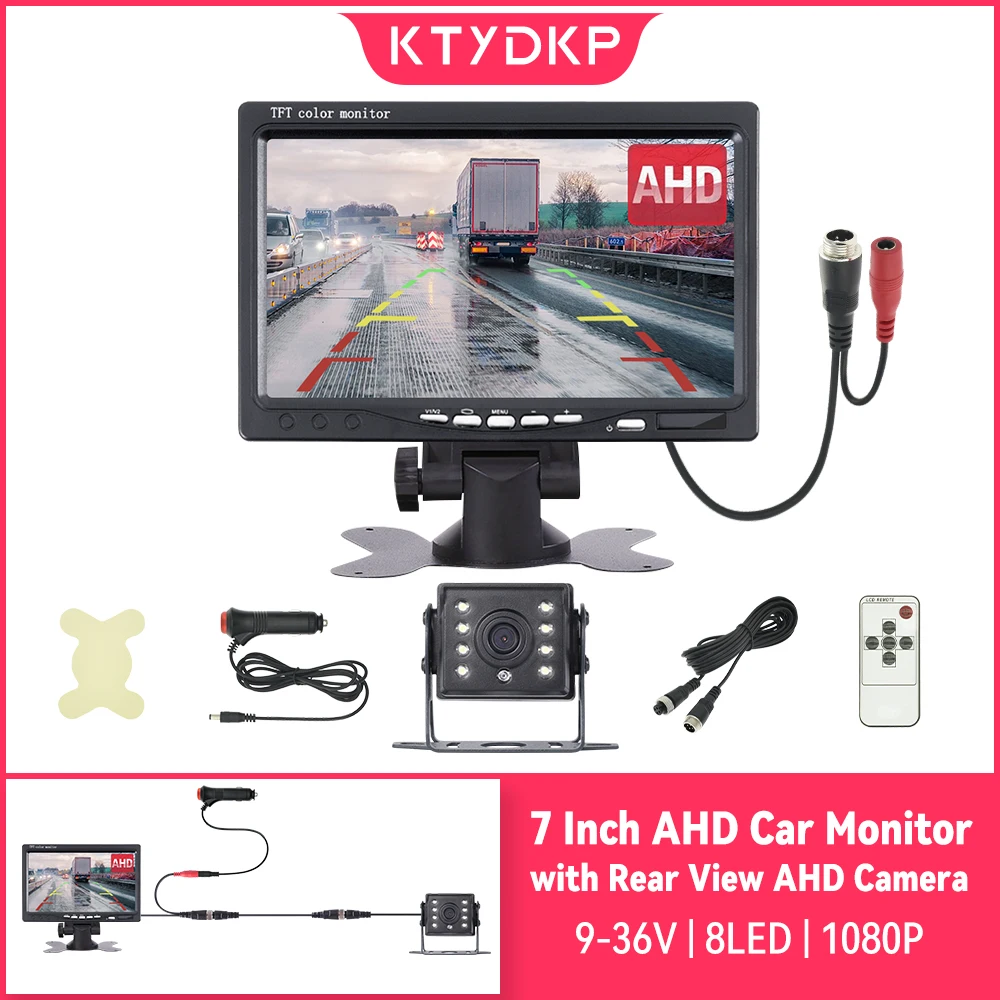 KTYDKP 7 Inch AHD Car Monitor with Rear View Camera for Truck Trailer Parking Display 12-24V LED Reversing Back up Camera Screen