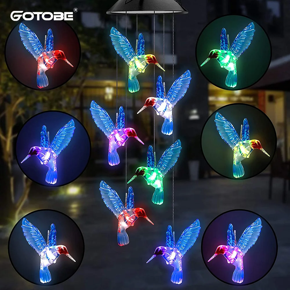 

LED Solar Light Outdoor Garden Decoration Hummingbird Wind Chime 25" Mobile Hanging Lamp IP65 Waterproof Patio Sun Lantern