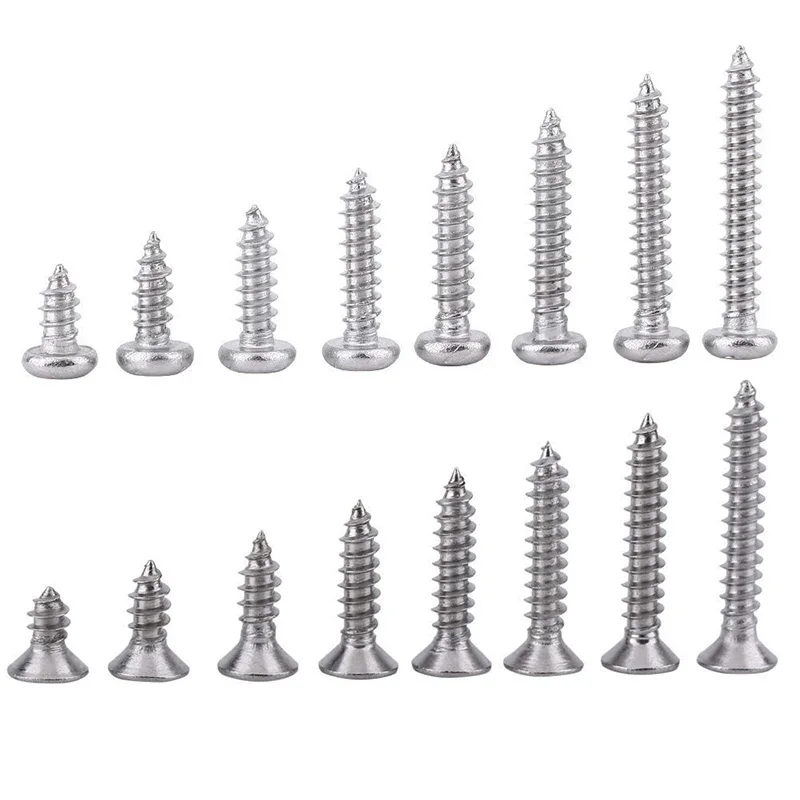 200PCs M2 stainless steel flat head screws kits high strength self-tapping screws assortment set for wood furniture