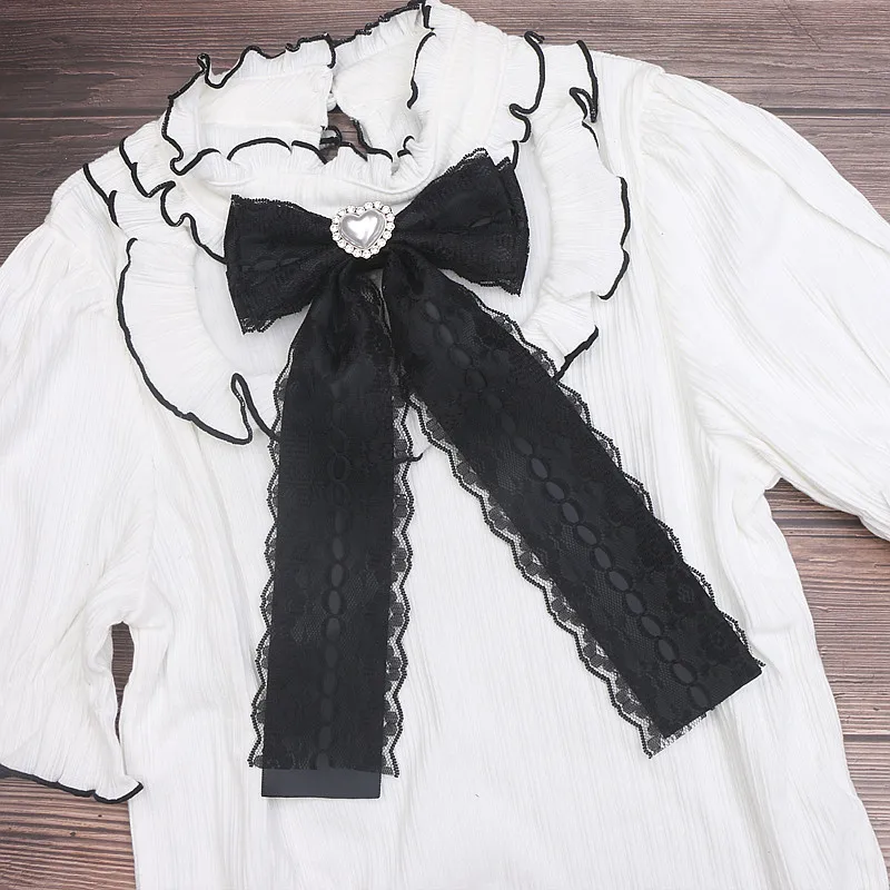 Lace Ribbon Neck Tie Lolita Chic Jirai Kei Pink Black Bow Tie Women\'s Big Bow Love Pearl for Collared Shirt Jfashion Accessories