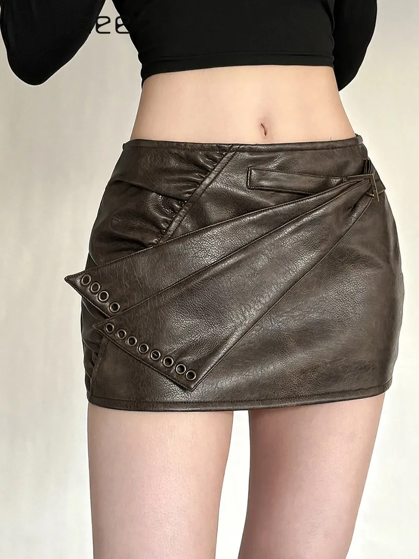 

Панк-юбка в стиле Spice Girl с высокой талией, облегающая, из искусственной кожи, с заклепками, в стиле Харадзюку, готическая, универсальная, модная, сексуальная мини-юбка