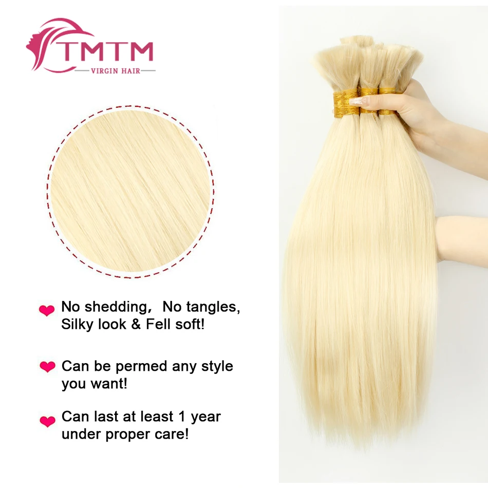 Remy Straight Hair Extensions, Platinum Blonde, Bulk Cabelo Humano, Trança, Sem Trama, 100% Cabelo Humano, 100g, 16-28 em