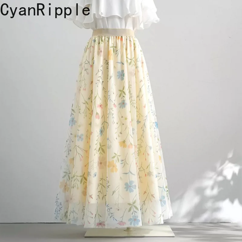 2026 New Spring Summer Sweet Printing High Waist Mesh Puffy Skirt All-match Ultra Long Holiday Skirt A-line Elegant Fairy Skirts