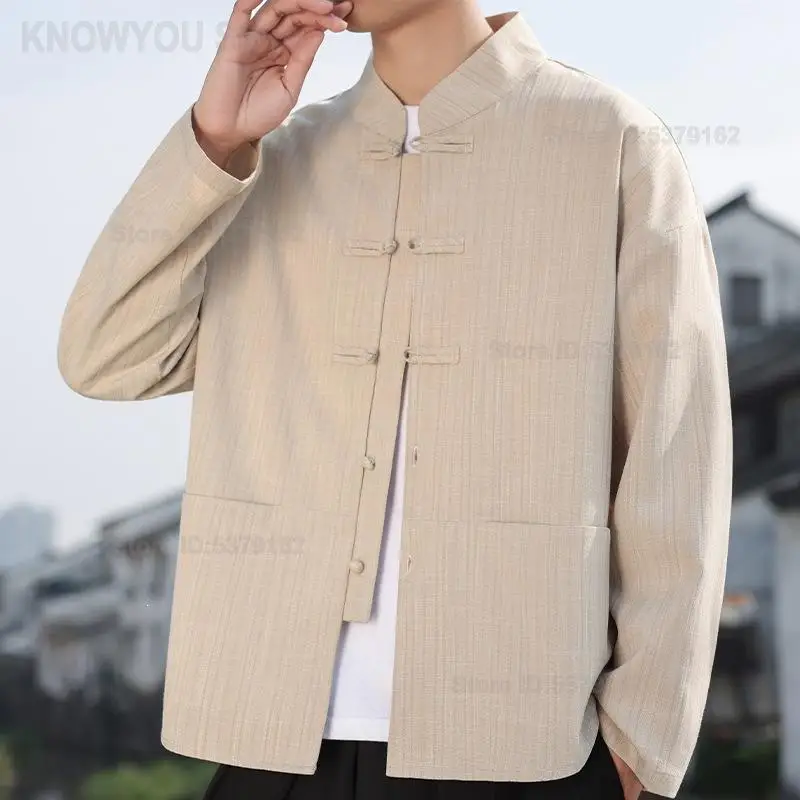 2026 Autumn New Men Chinese Style Retro Frog Button Shirt Modified Hanfu Loose Casual Tang Suit Long Sleeve Top Daily Outerwear