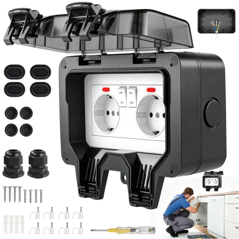 Staubdichte Steckdose mit Schutzabdeckung für Garten, Garage, Küche, Bad, Schutzabdeckung IP66, wasserdichte und staubdichte Steckdose für Garage, Garten, Bad, Küche