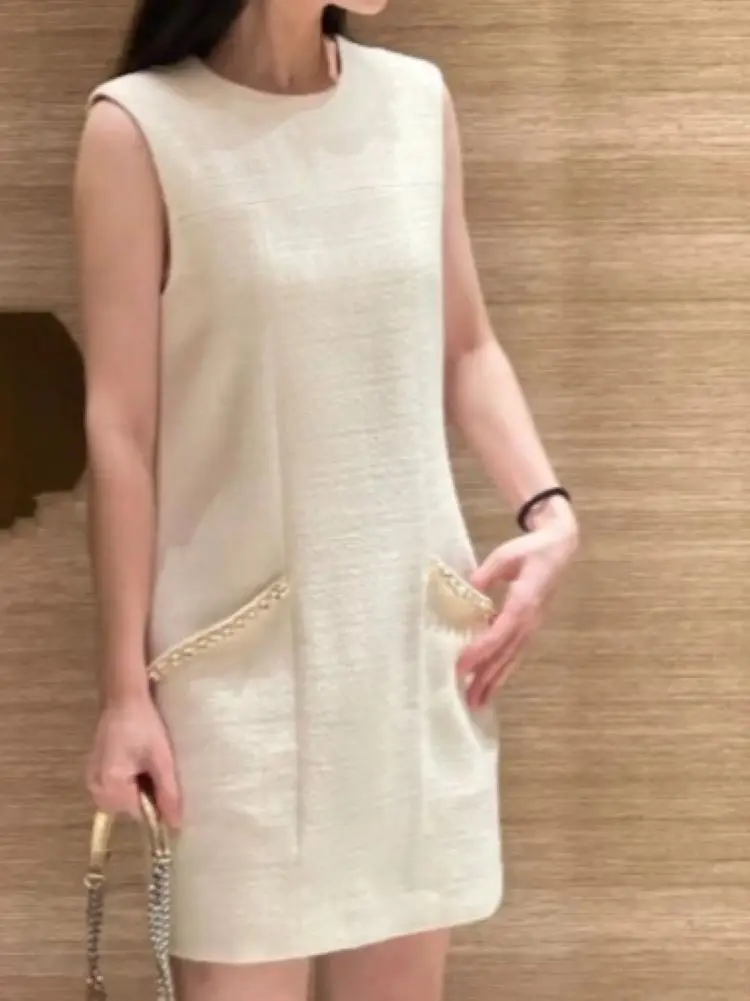 

Diamond Pockets Women Tweed Tank Dress Solid Color O-Neck Sleeveless Zipper Elegant 2024 Summer Mini Robe