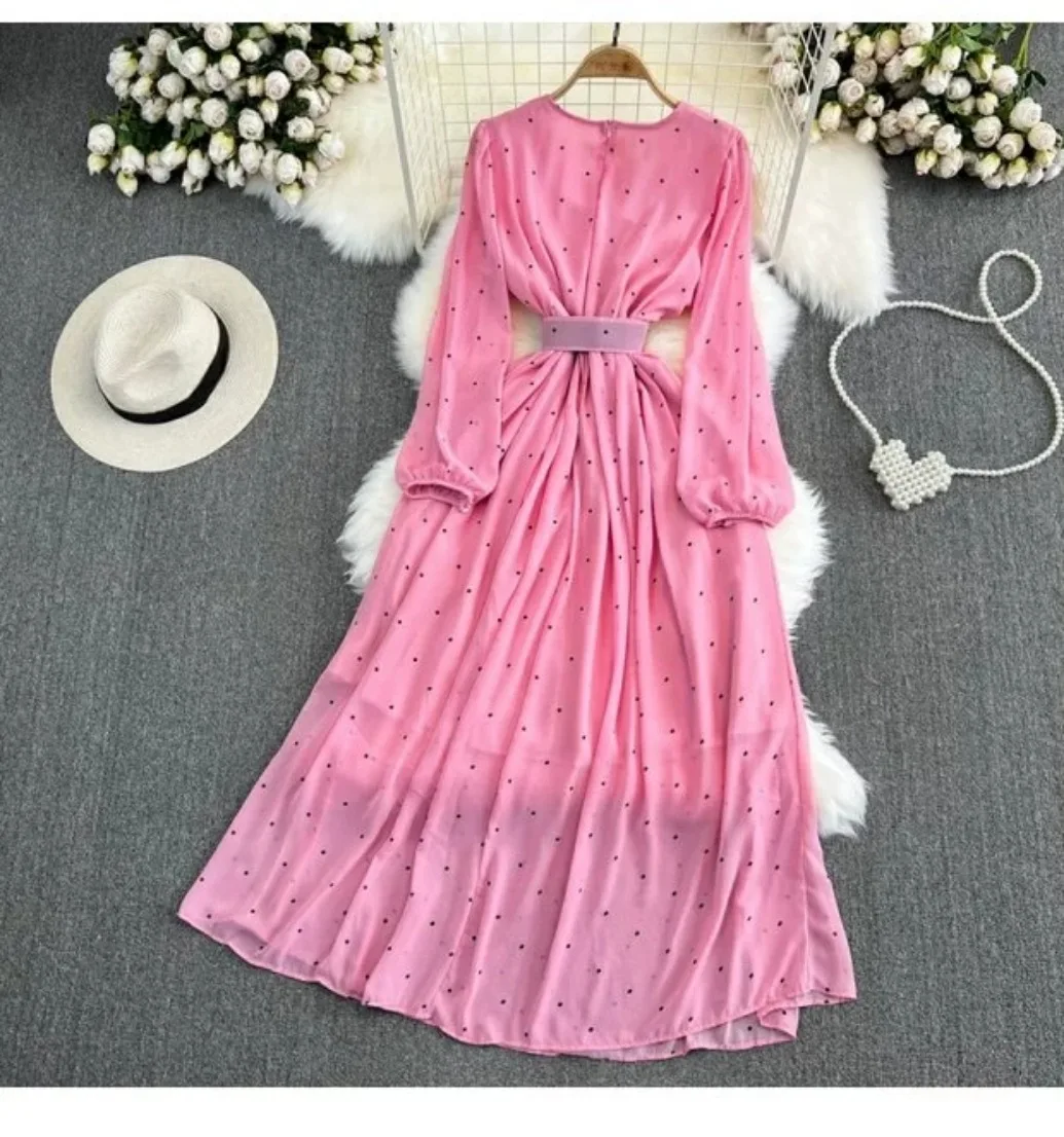 Vestido de chiffon de bolinhas, manga comprida lanterna, gola redonda, emagrecimento da cintura, linha A, estilo suave e retrô, vestido muçulmano,