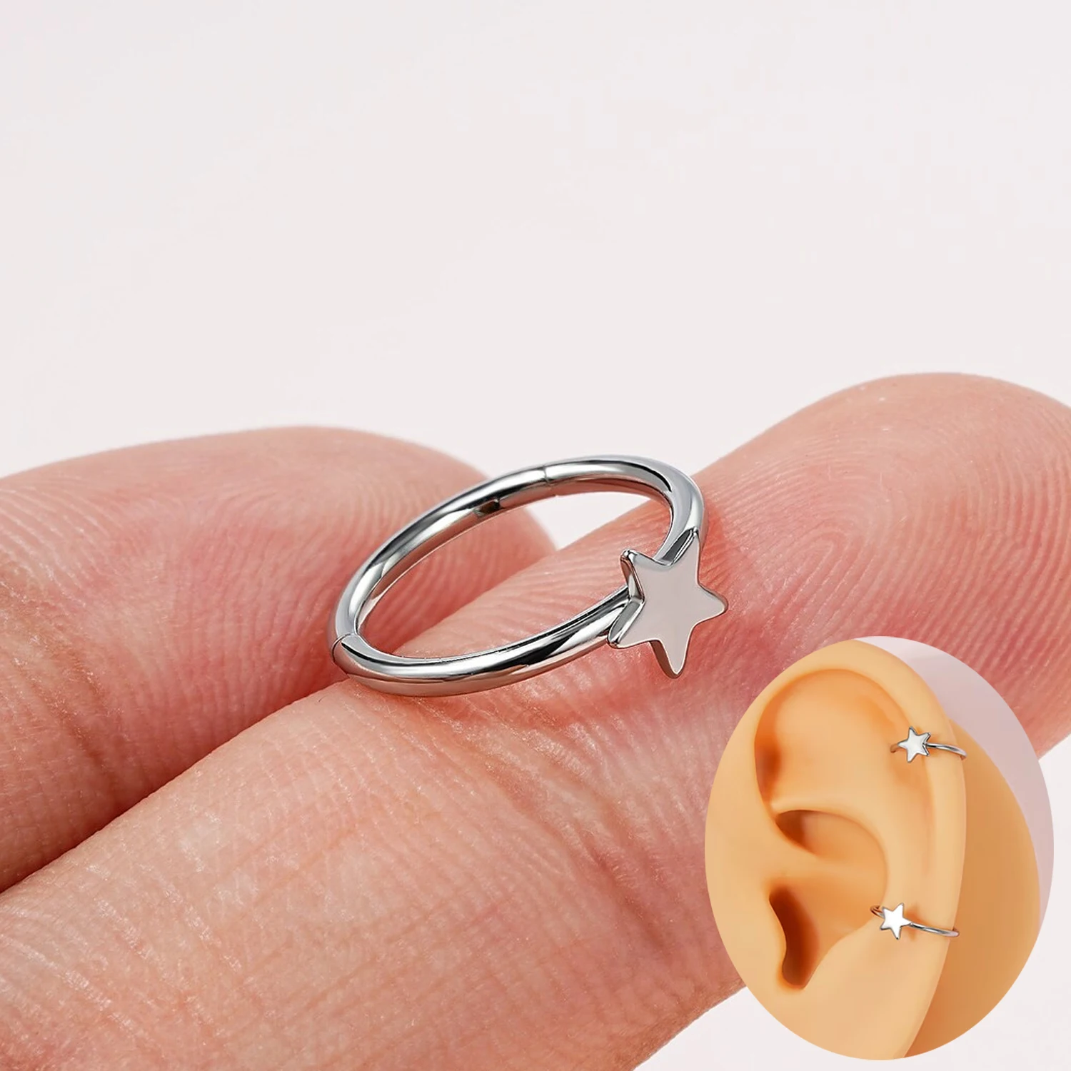 1 unidad de Aros para la Nariz de Acero Inoxidable, Calibre 20G 18G, con Diseño de Estrella, tipo Clicker para Septum, Segmentados con Bisagra, 8mm 10mm