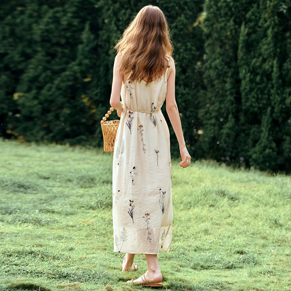 OLrain robes 2025 femme été sans manches a-ligne longue Slash cou abricot flore dames élégant vacances dames robe O57XL99810