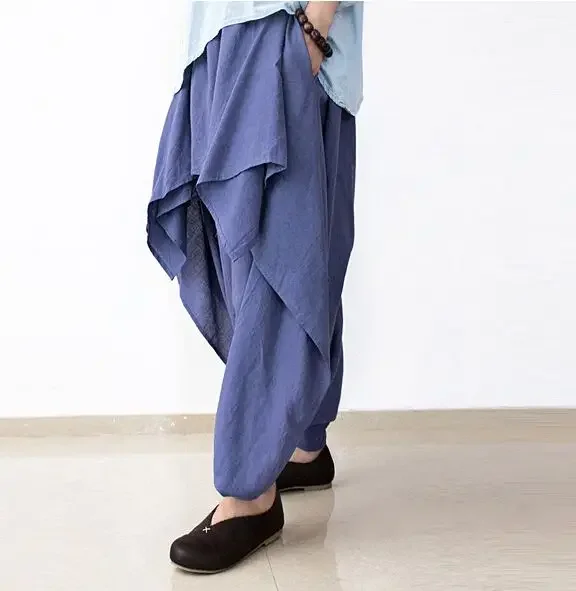 2017 جديد إمرأة بنطال ذو قصة أرجل واسعة فضفاضة القطن الكتان غير المتماثلة السراويل النمط الأصلي حجم كبير Capris مطاط الخصر فضفاض بنطلون