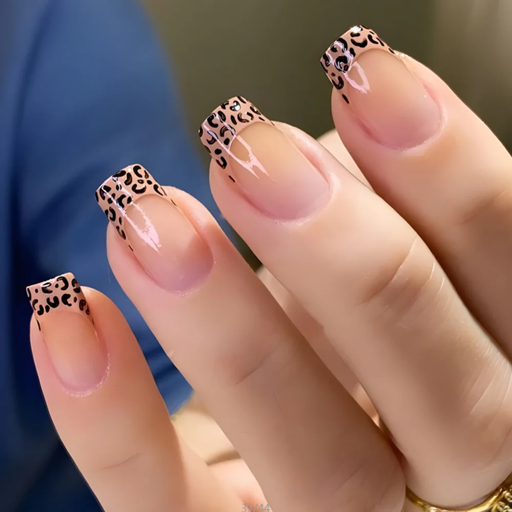 

24 Pcs Simple Press Ons Nails French Leopard Print Self-adhesive Nail Tips Medium Cheap False Nails with Tools Glued Nails 2025