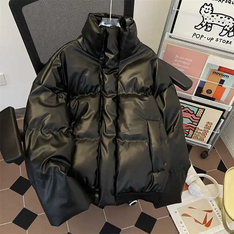 

Women's Black Gothic Leather Parka Jacket Warm Thicken Winter Jacket Harajuku Outerwear Vintage 2000s Turtleneck Padded Jackets