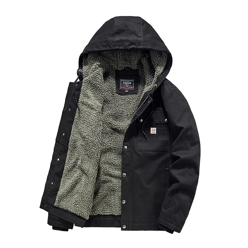 Men's Washed Cotton Hooded Jacket Zip Up Pockets Warm Lined Casual Outdoor Parka For Autumn Winter