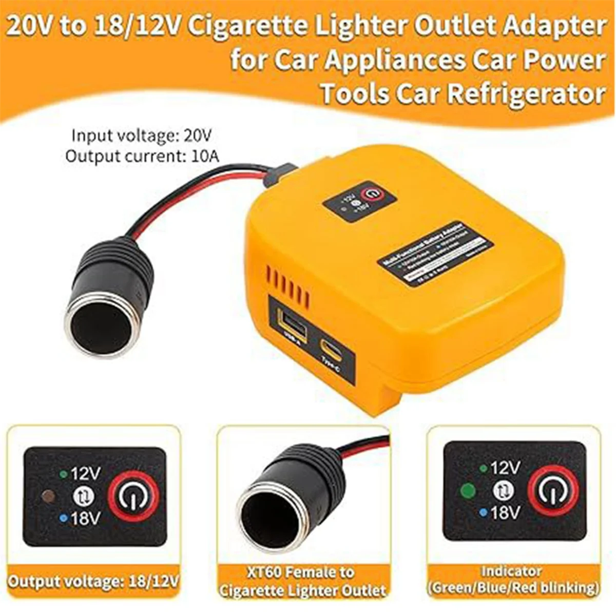 

AB51 2 in 1 Buck Converter for 18V to 12V Converter for Car Refrigerator Toy Car Power Wheel Yellow