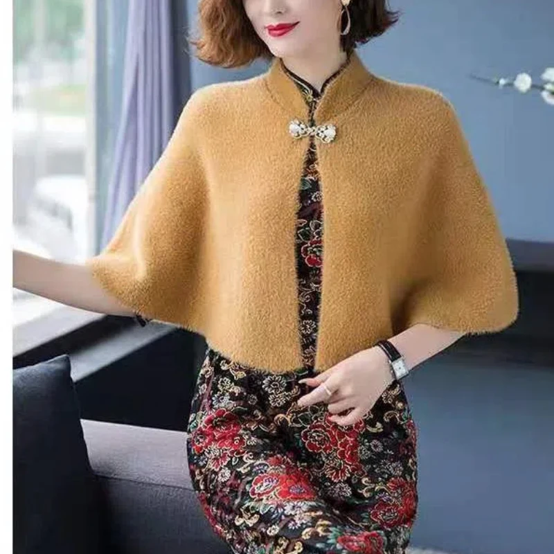 Korean Fashion New Woolen Cheongsam Capes Autumn Winter Women Solid Stand Collar Bat Sleeved One Button Temperament Ponchos Tops