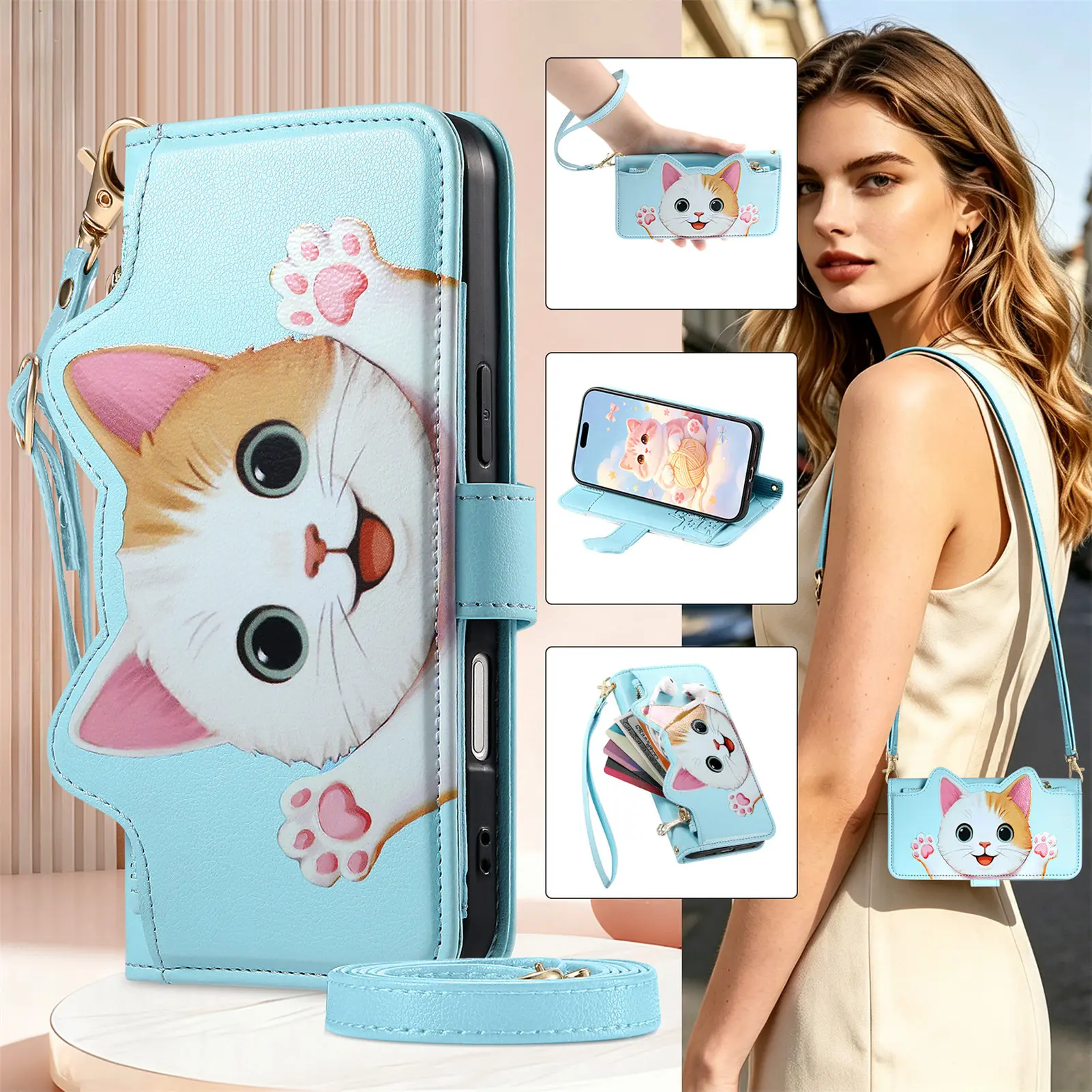

Cute Cartoon Cat Crossbody Wallet Case For Google Pixel 11 Pro XL 10 10A 9 9A 8 8A 7 7A 6 6A Multi 5 Cards Leather Flip Cover