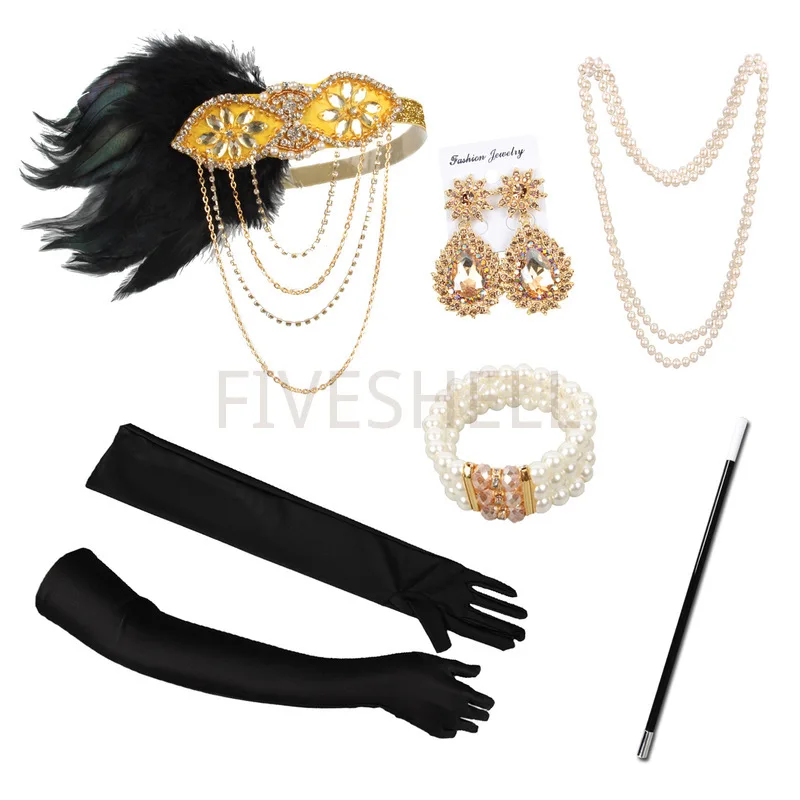 1920s Great Gatsby Costume Accessories Set for Women Headband Earrings Necklace Gloves Holder Bracelet Props Set Cosplay