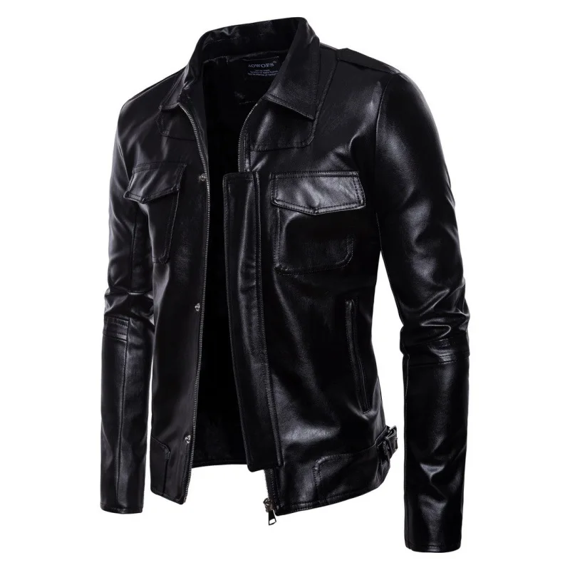 2023 New Foreign Trade Men's Motorcycle Leather Coat Flip Collar Leather Jacket PU Leather Large Casual Coat Men's Top Jackets