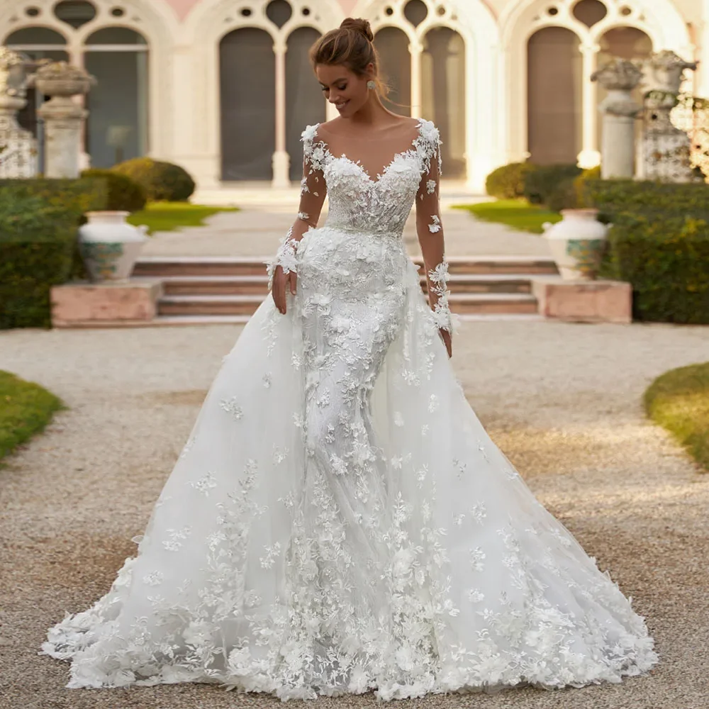 Beads Sequins Appliques Lace 3D Flowers Long Sleeve 2 Pieces Mermaid Wedding Dress With Detachable Train Vestido De Noiva Sereia