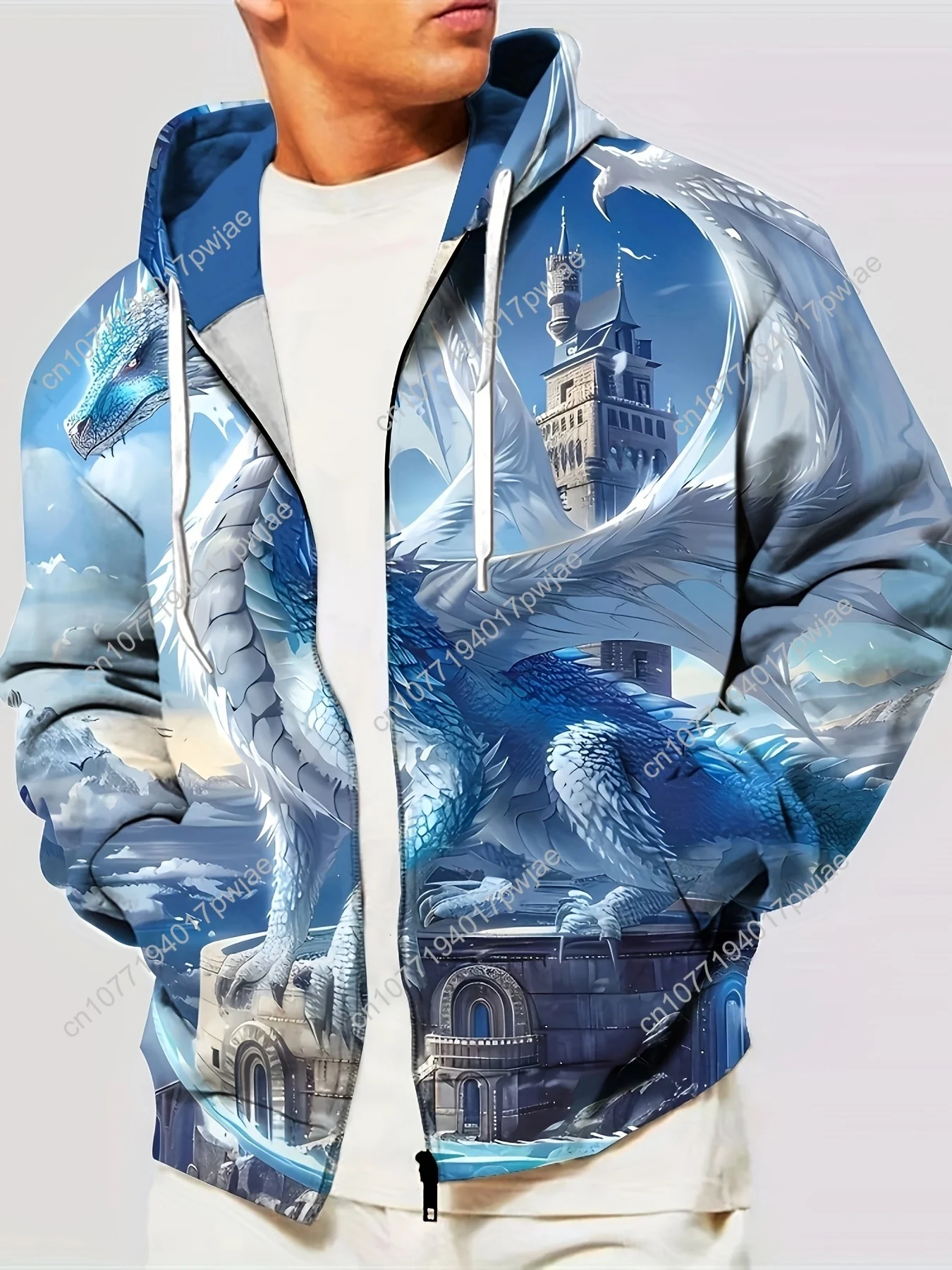 Felpa con cappuccio da uomo con stampa drago fantasy 1 pezzo, giacca casual in poliestere con leggermente elasticizzato, tessuto lavorato a maglia con motivo animale, colletto con cappuccio, Z