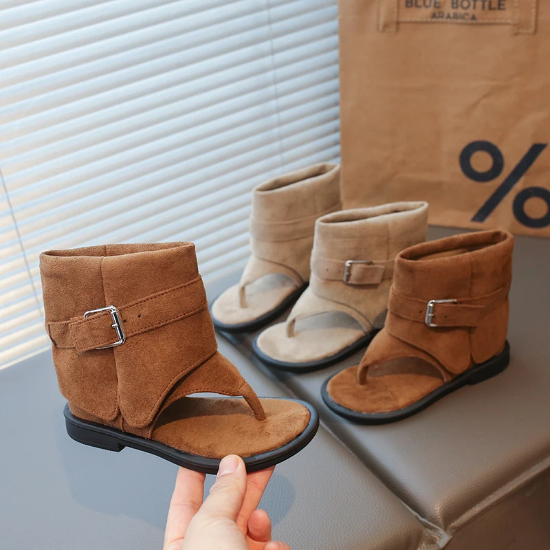 Children's Summer Open Toe Boot Sandals - Suede Leather Thong Adjustable Buckle Strap Non-Slip Casual Gladiator Shoes for Kids