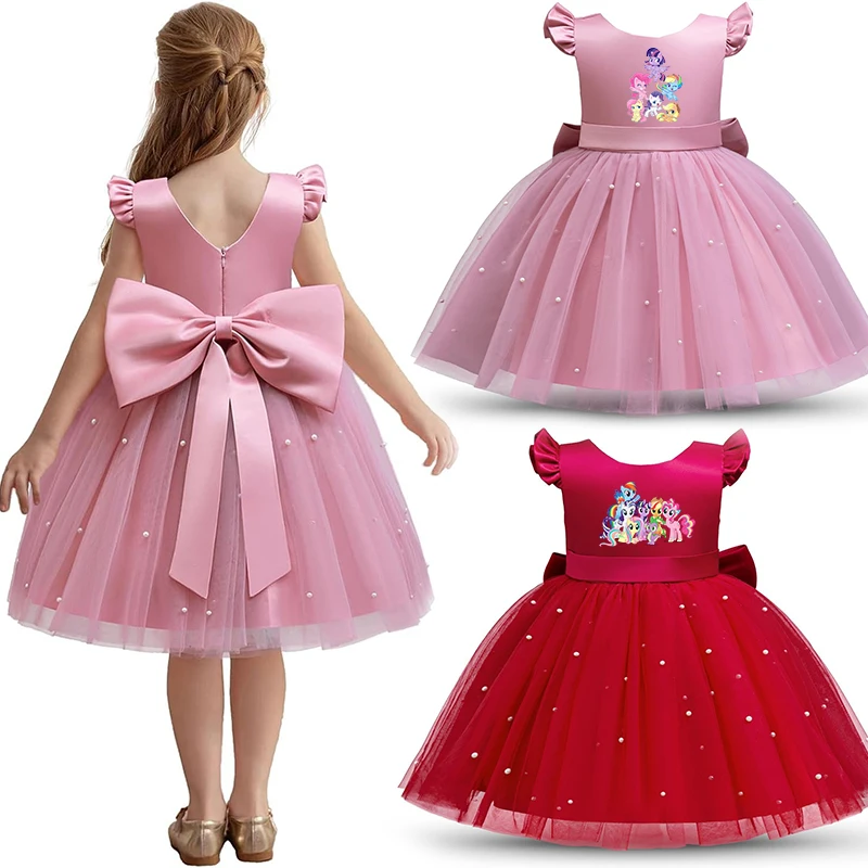 

My Little Ponys Toddler Girls Pink Princess Dress Baby Girl Birthday Party Tutu Gown Backless Bow Beading Costume