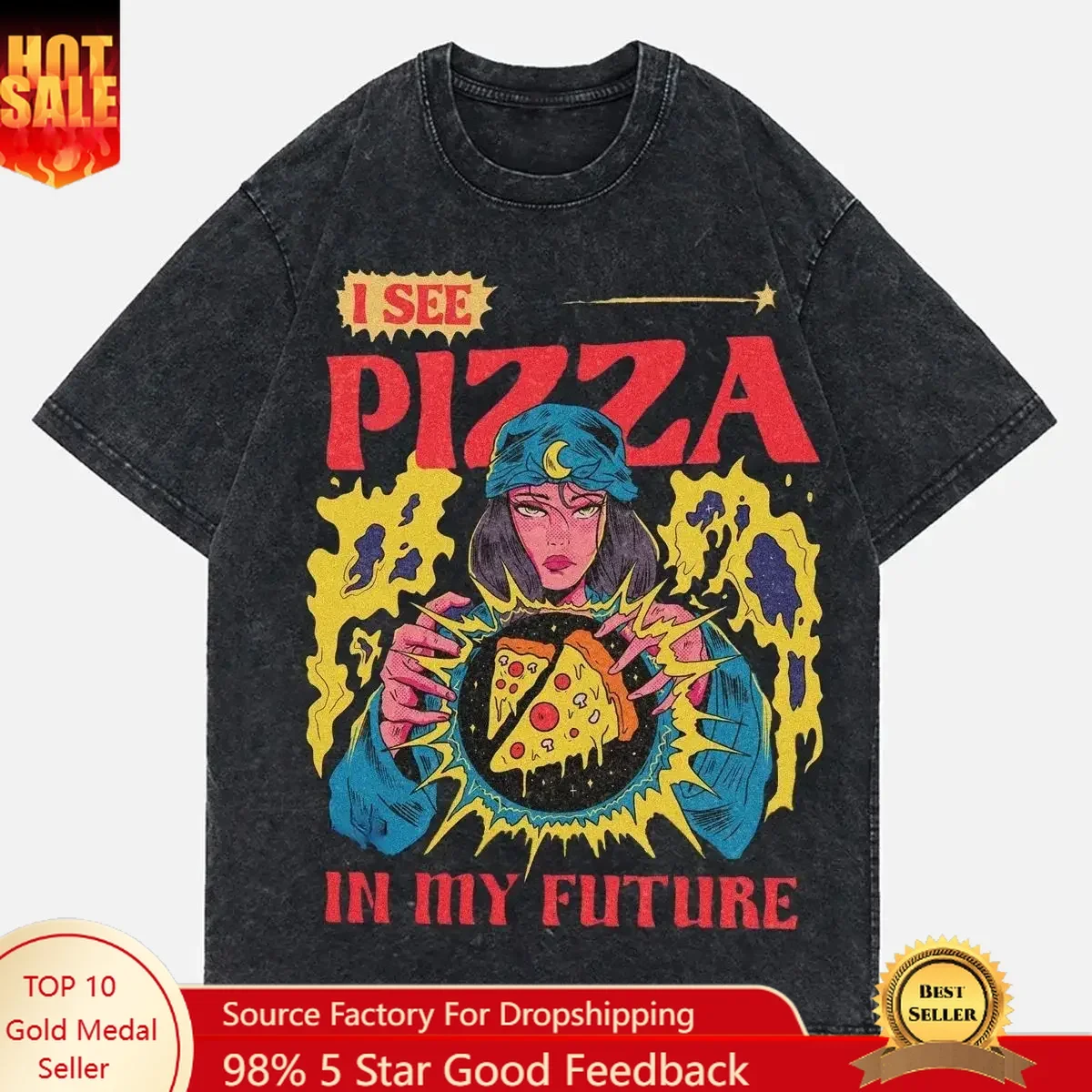 

Pizza Magic Ball Tshirt Wash Denim Cotton Y2k Women T-shirts Men Fugees Men Clothing T Shirt Tiki