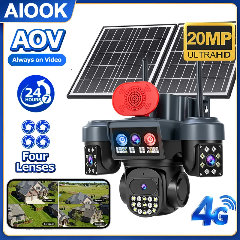 

AIOOK AOV4G Солнечная камера с четырьмя объективами, четырехкадровый HD, 20 МП, SIM-камера безопасности, AI, отслеживание движения, цветное ночное видение, двусторонний домофон