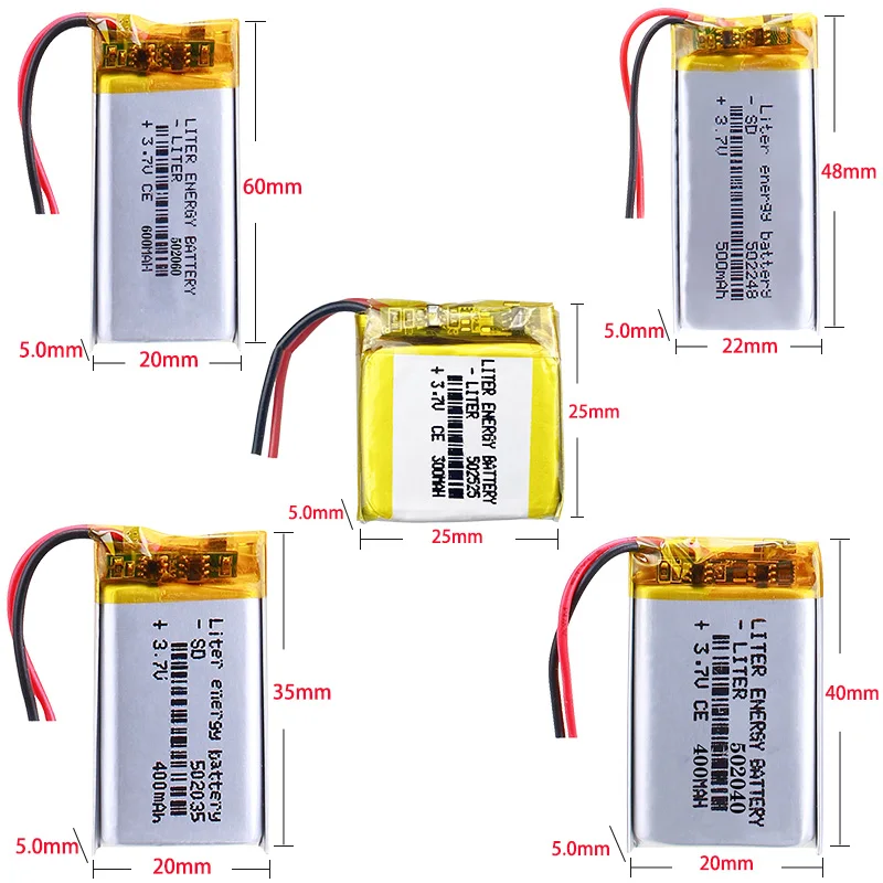 Литий-полимерные аккумуляторы 3.7V: 502035 400мАч, 502040 400мАч, 502060 600мАч, 502248 500мАч, 502525 300мАч