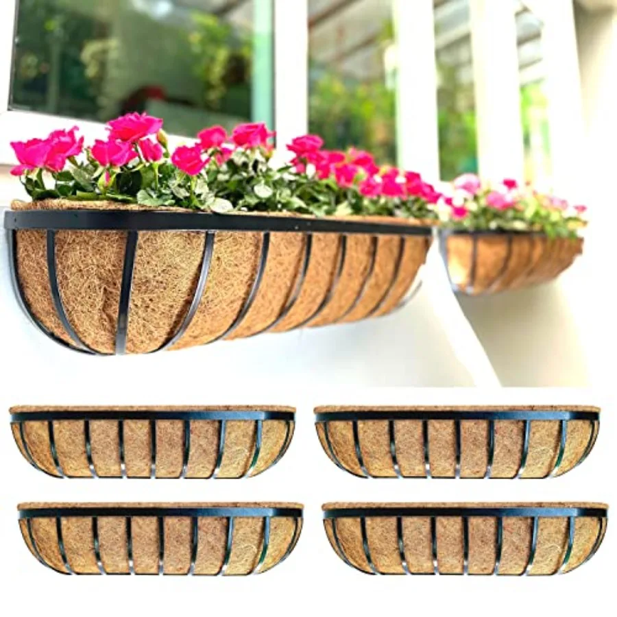 

Outdoor deck railing planter boxes, galvanized steel, black, 30-inch 4-pack with coco liners for rail-mounted flower display