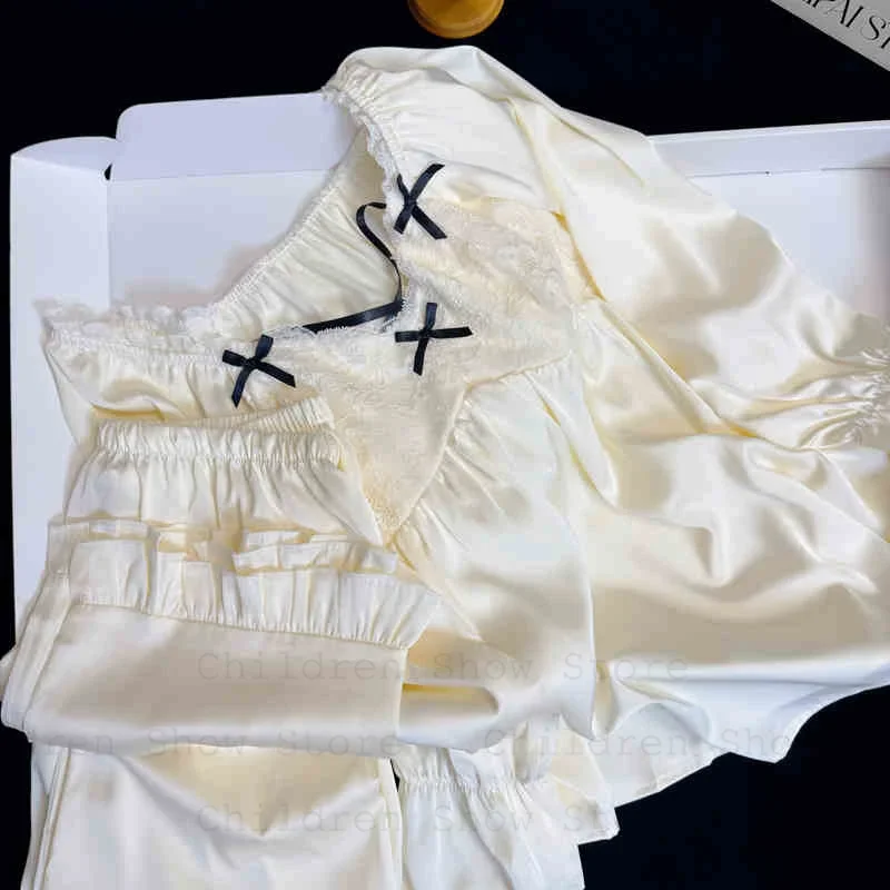 

Satin Pijama Mujer Lace Nightgown Women 2Pcs Long Sleeve Princess Style Home Clothing Pajamas Suit Loungewear Sleepwear
