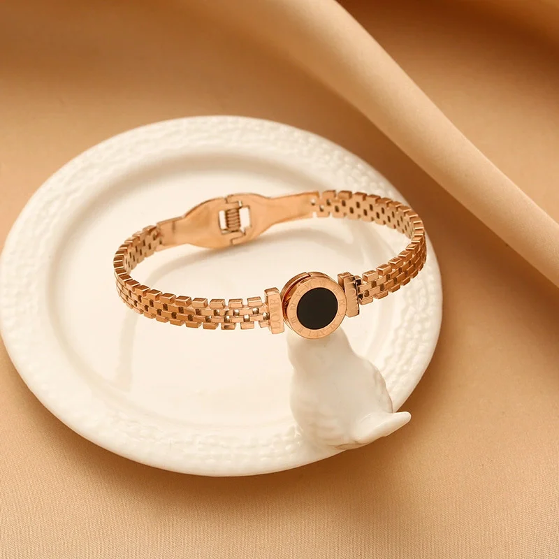 Fashion Bracelet For Women Black Acrylic Stainless Steel Couple Bracelet Carved Roman Numerals Girl Gift - Image 4