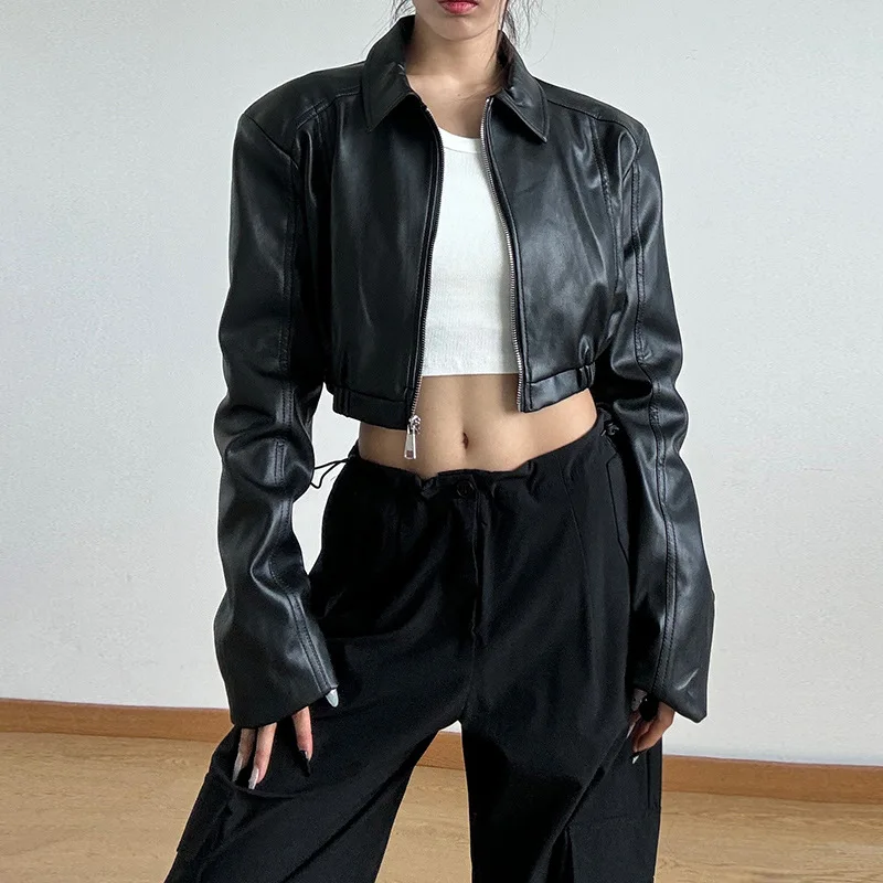 Vintage Women's Cropped Faux Leather Jacket Stand Collar Balloon Sleeve Biker Style PU Leather Coat Streetwear Fashion Outfit