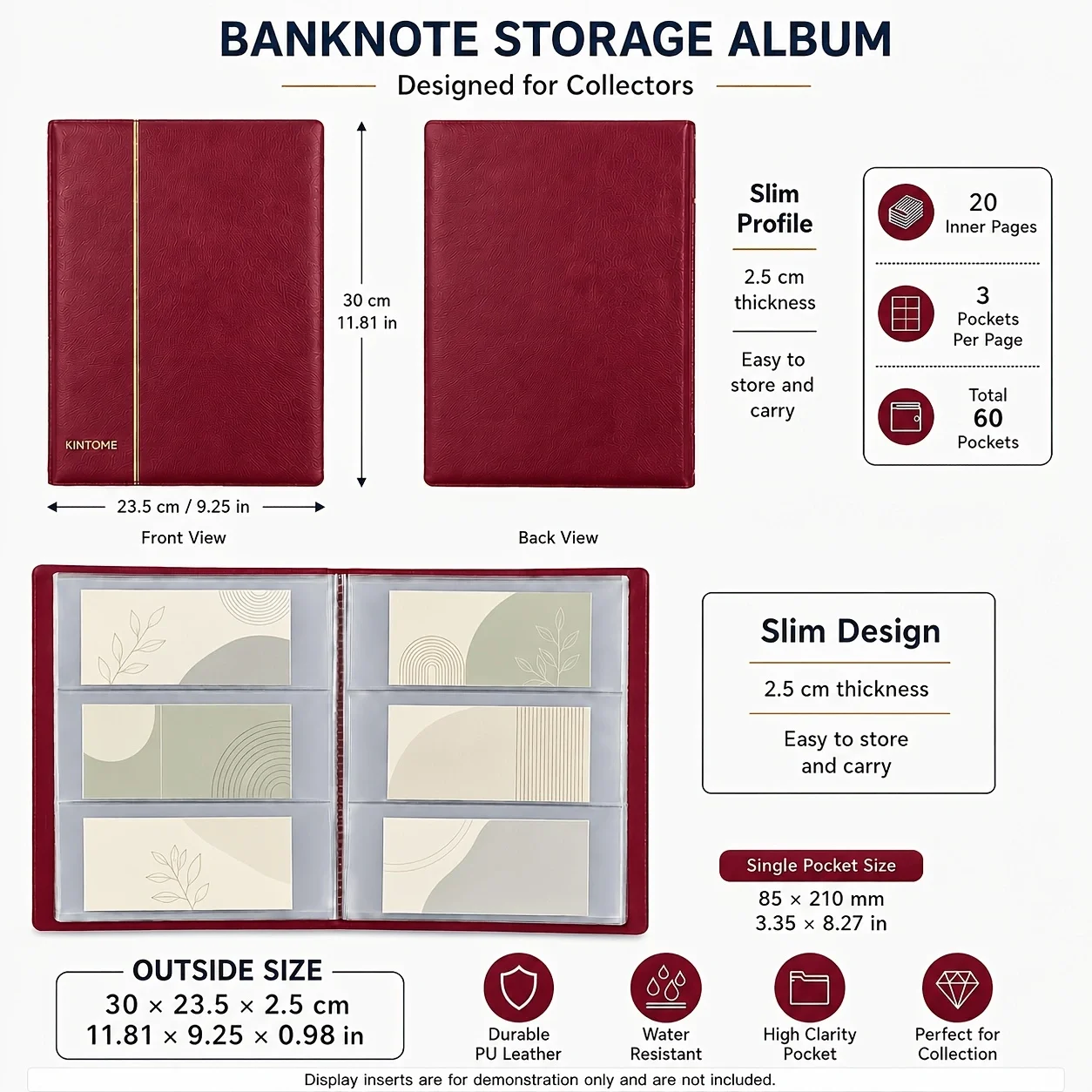 KINTOME Banknote Album 60 Pockets 20 Pages Paper Money Collection Book Currency Storage Holder with Dust Cover