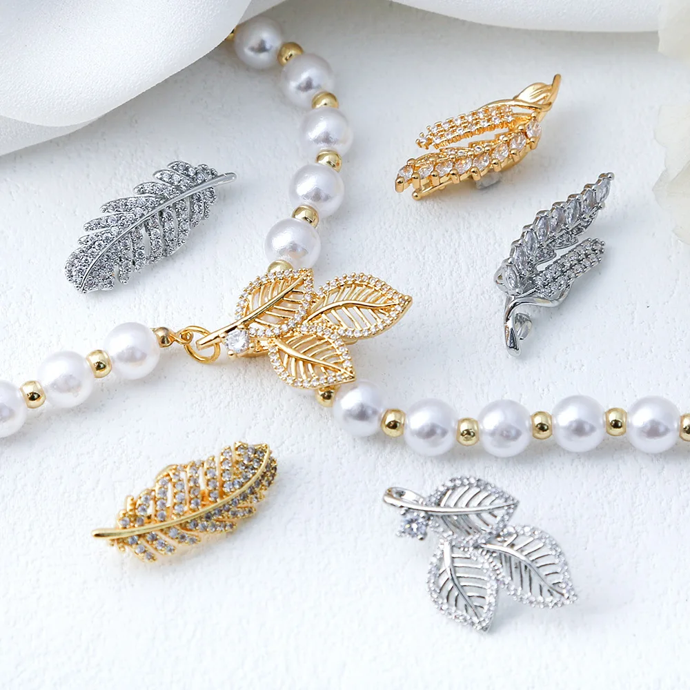 

Цельный медный позолоченный циркон лист перо жемчуг ожерелье браслет соединительный зажим Diy женские ювелирные аксессуары оптом