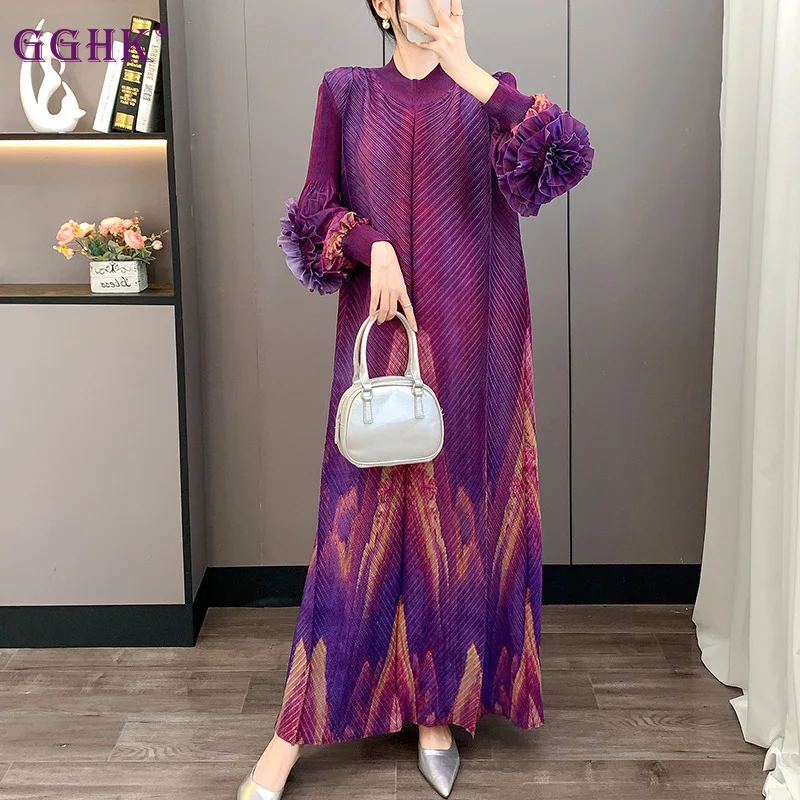 

GGHK Women Elegant Evening Gown with Round Neck Long Sleeves Geometric Pattern Design Loose Fit Plus Size Casual Dress