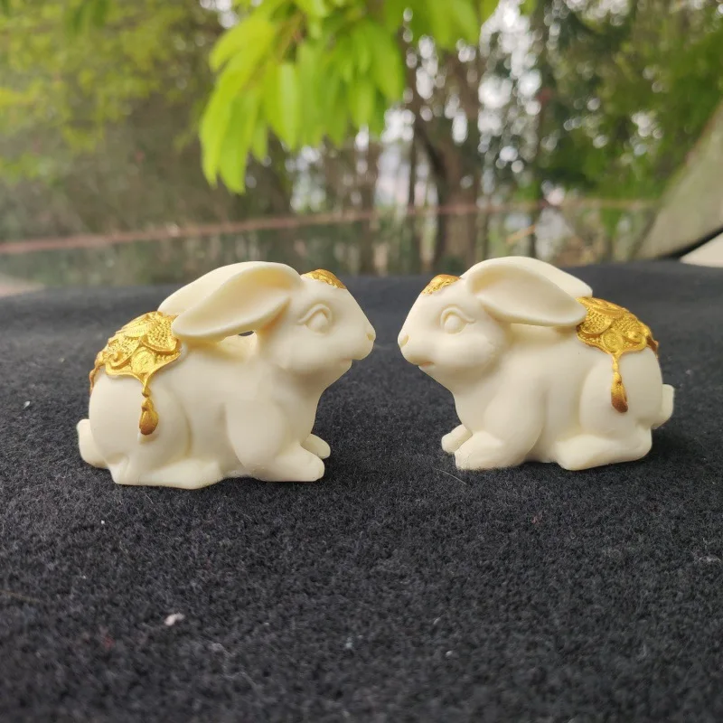 Factory Direct Supply Ivory Nut Carved Jade Hare Pairs of Gold-Plated Rabbit Home Desktop Decoration Car Decoration Gift Box