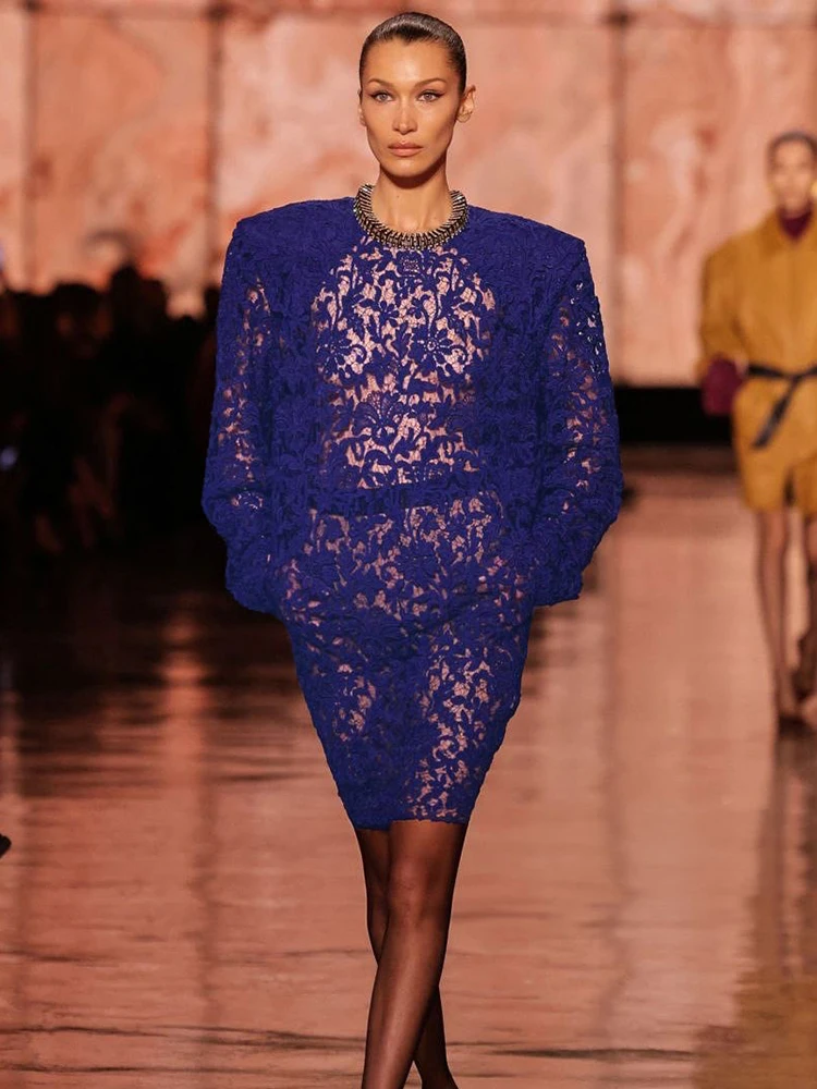 Elegant Purple Sheer Lace Midi Dress with Oversized Shoulders Vintage Floral Pattern Long Sleeve Cocktail Party Dress for Women