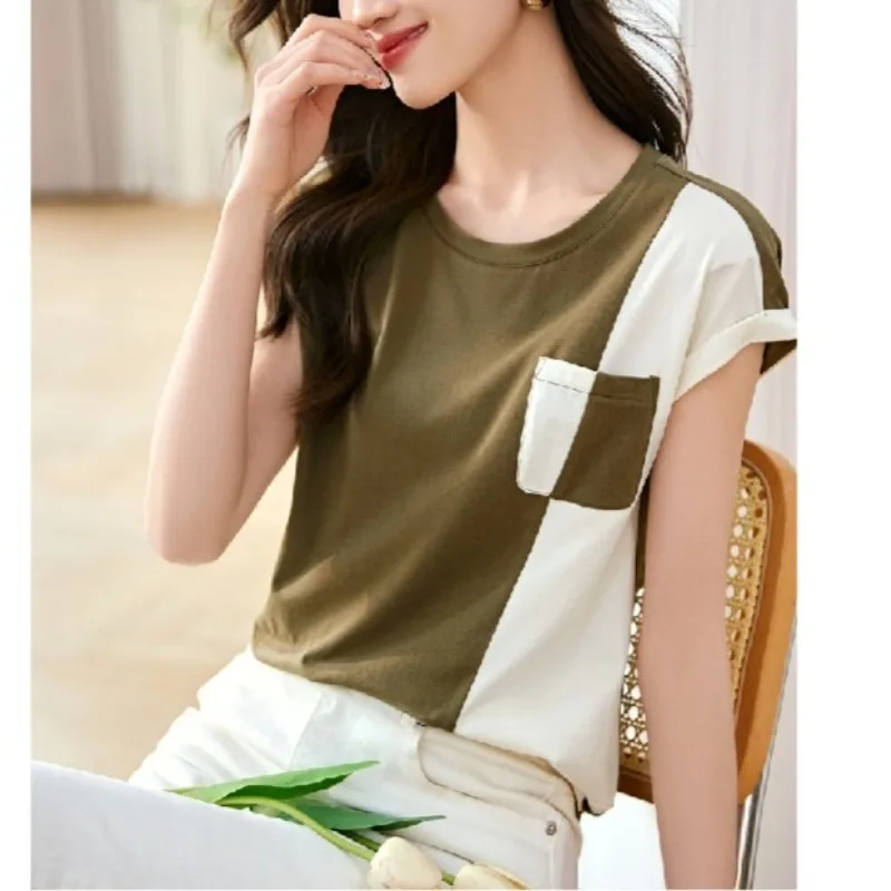 

Color Blocking Splicing 2024 Women's Summer New Pullover Round Neck Pocket Casual Temperament Versatile Loose Short Sleeved Top