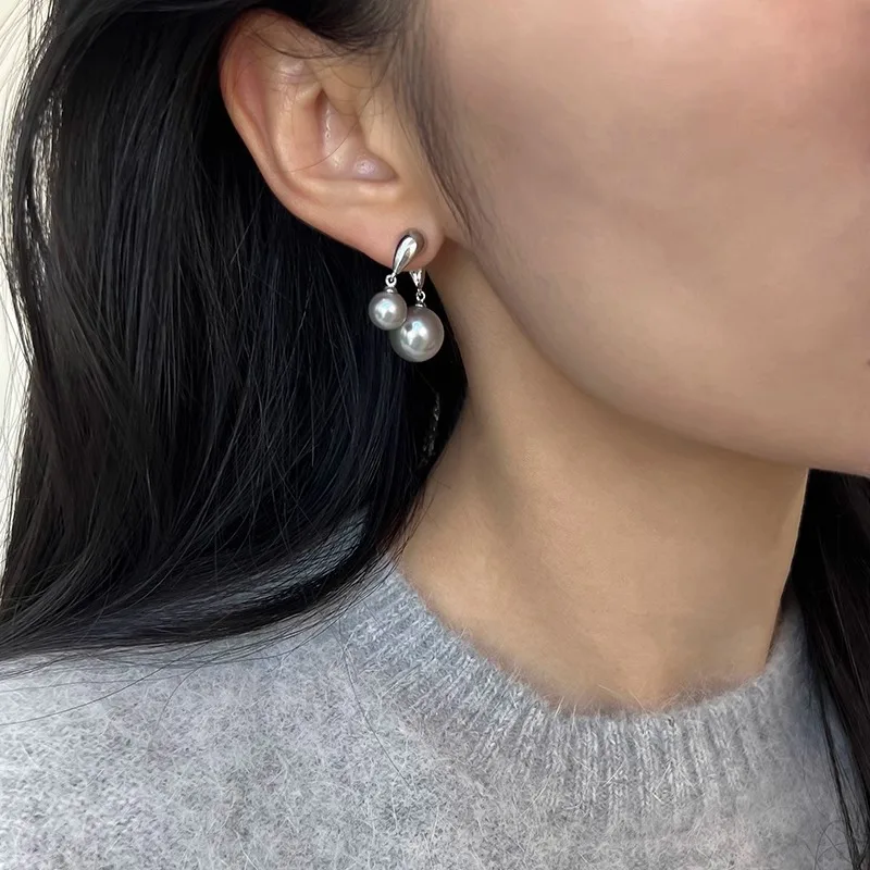 Japan and South Korea Silver Color Front and Back Hanging Imitation Gray Pearl Earrings Women's Universal Daily Jewelry Earrings